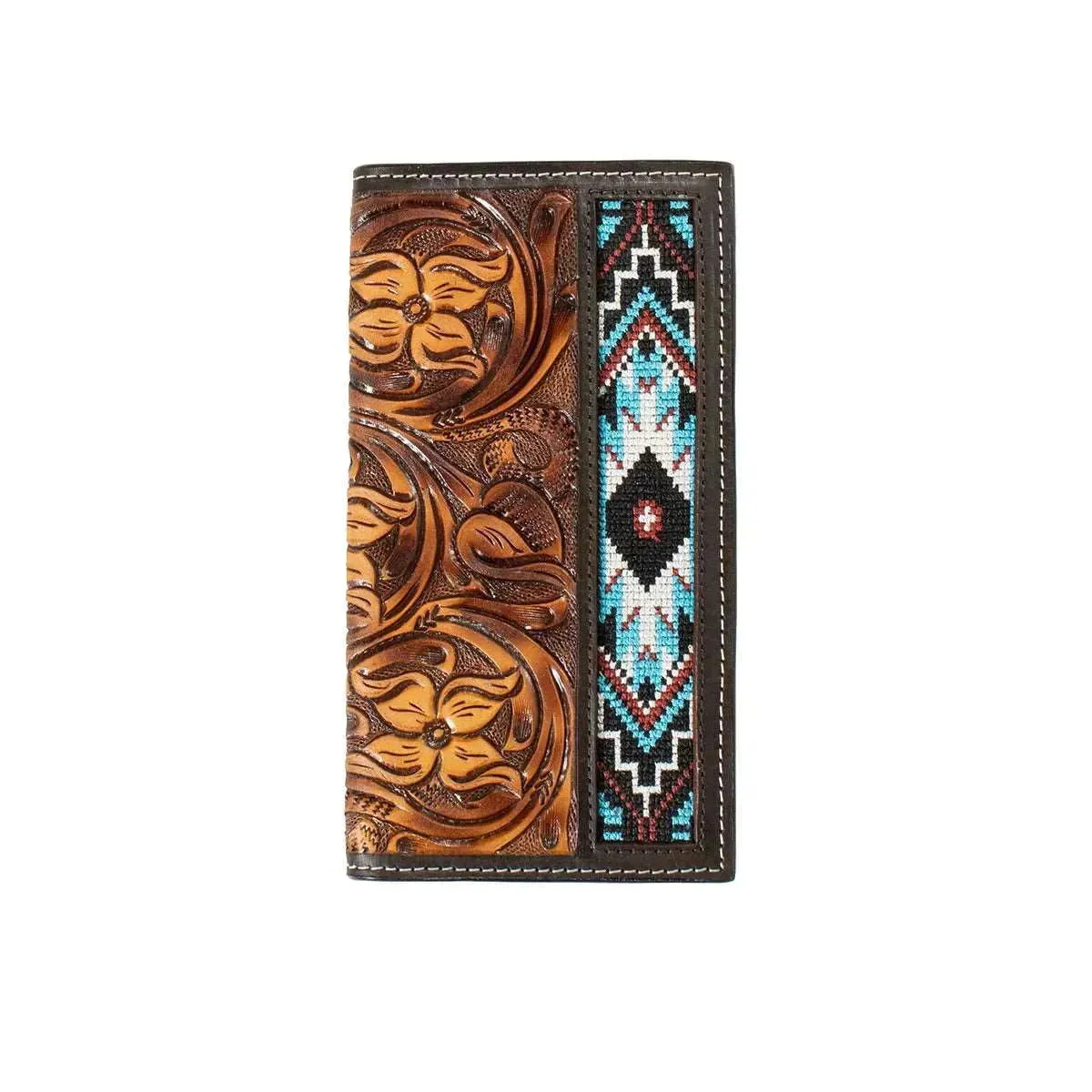 3D Blue Floral Embroidered Inlay - Mens Rodeo Wallet