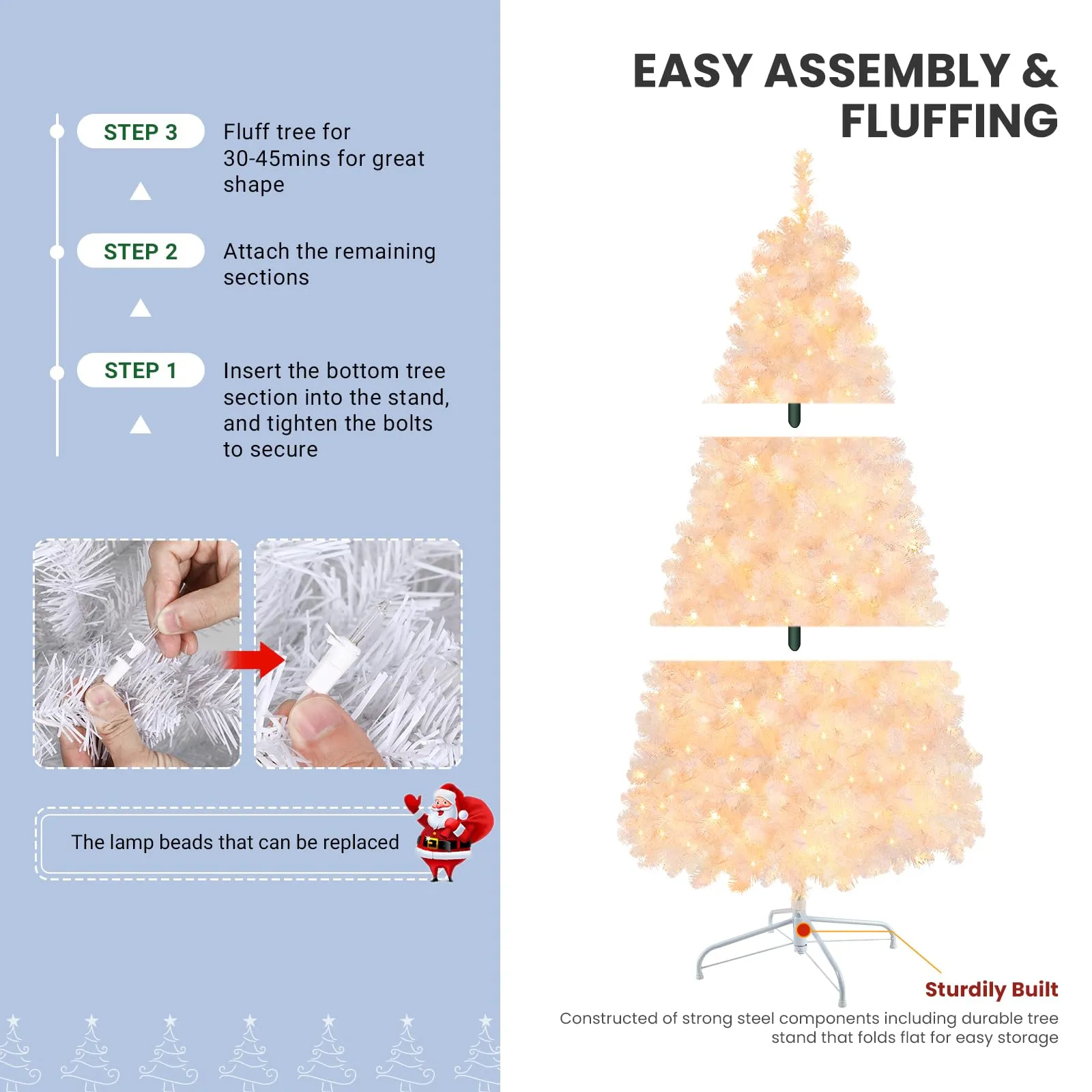 6ft Prelit 250 Warm Light Lights 785 Branch Premium Artificial Hinged Christmas Tree-White