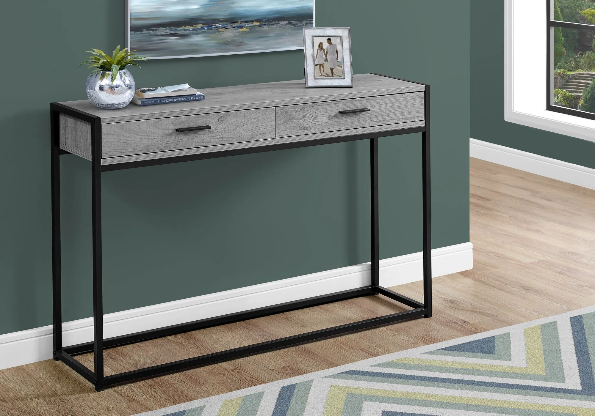 Accent Table - 48"L / Grey / Black Metal Hall Console