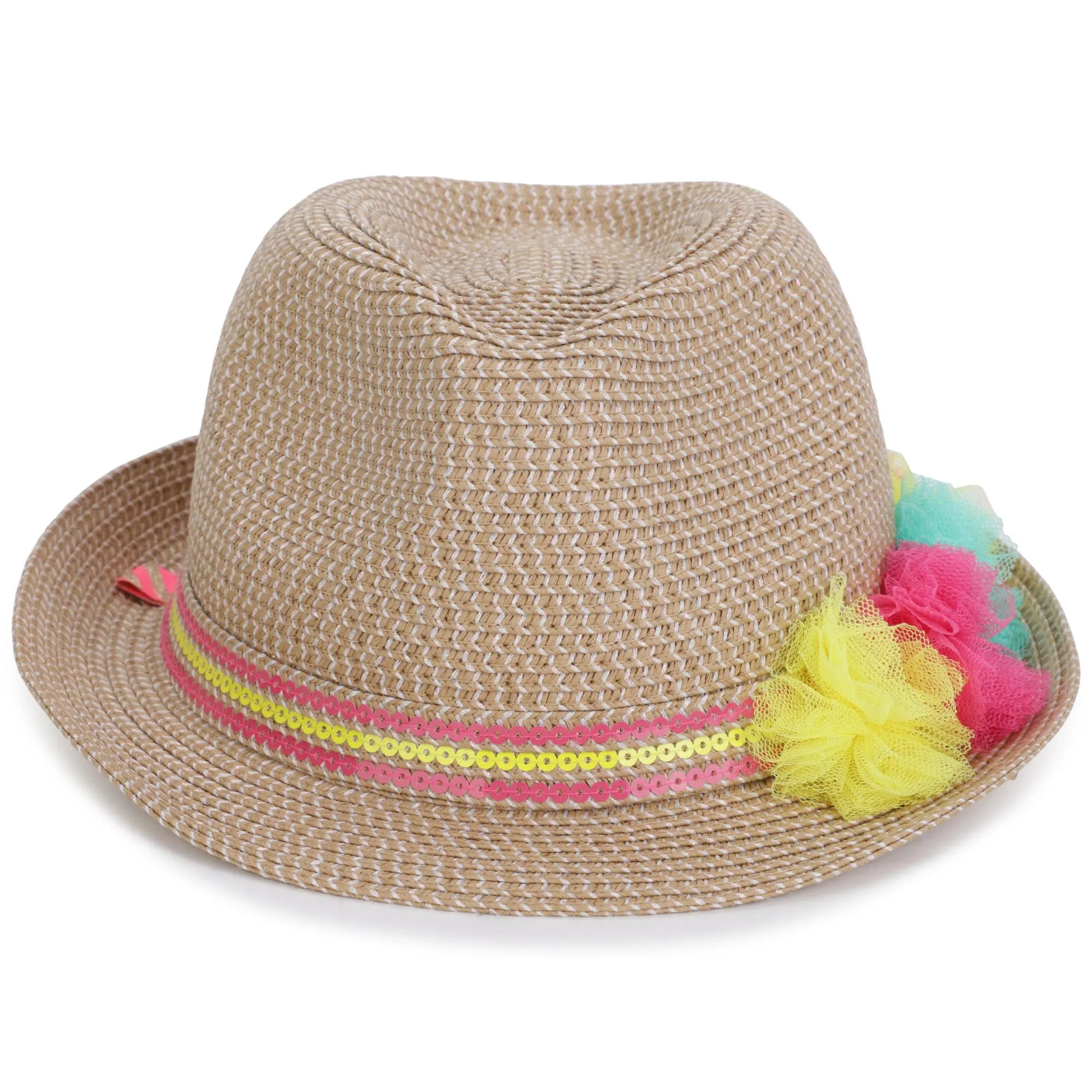 BB Beige Straw Multi Pom Pom Fedora