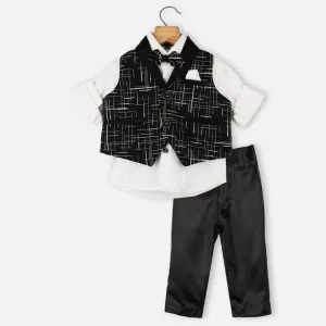 Black Printed Waistcoat With White Shirt & Pant