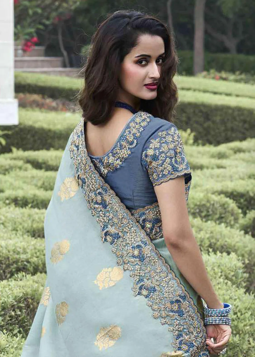 Blue Viscose Silk Embroidered Designer Wedding Saree