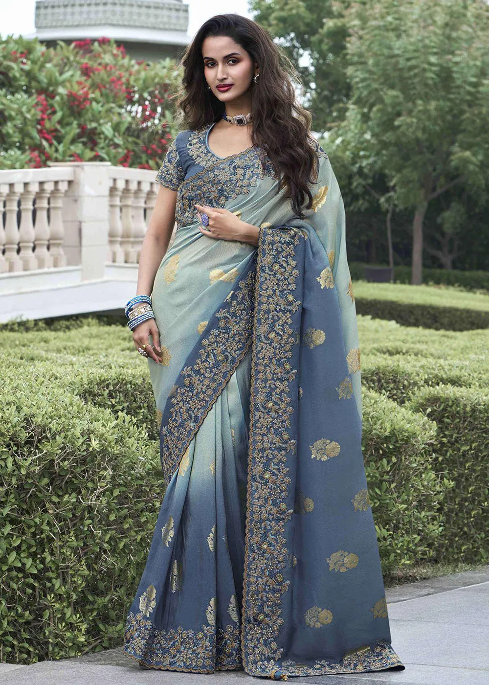 Blue Viscose Silk Embroidered Designer Wedding Saree