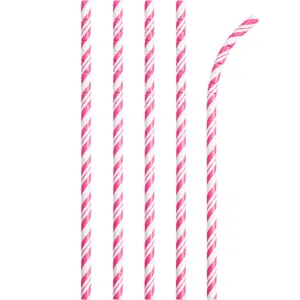 Bulk Candy Pink and White Striped Flex Paper Straws (144 per Case)