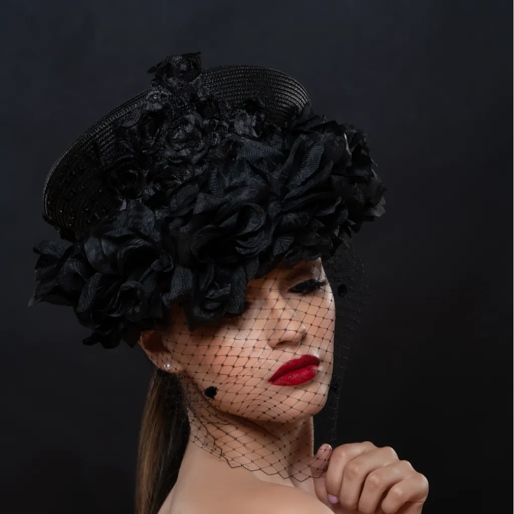 BW1418-Beaded lace dress hat with flower design