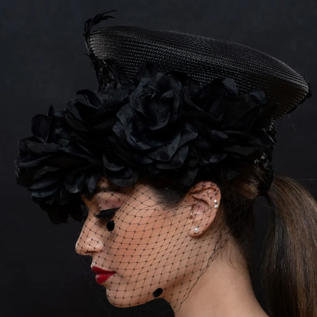 BW1418-Beaded lace dress hat with flower design