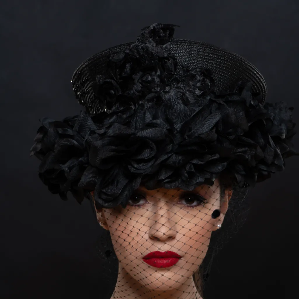 BW1418-Beaded lace dress hat with flower design