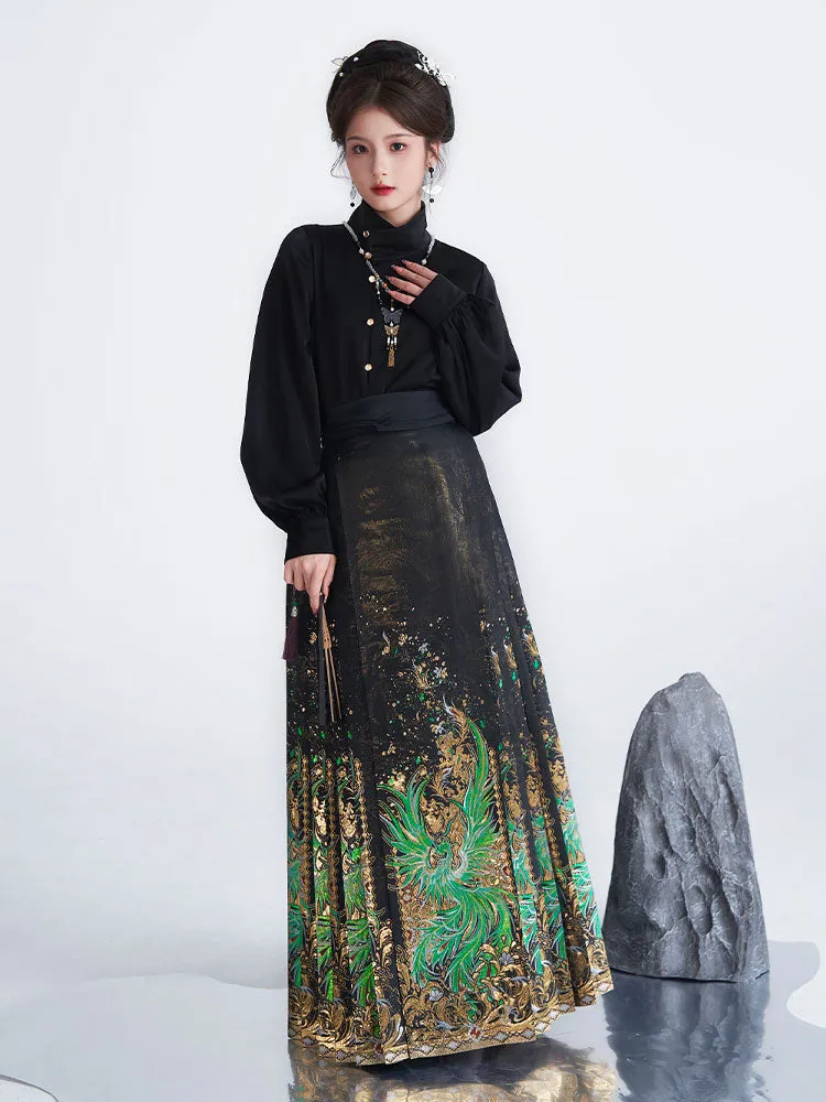 Chinese 'Shan Hai Jing' Qingluan Divine Bird Golden Weave Black Mamianqun Skirt