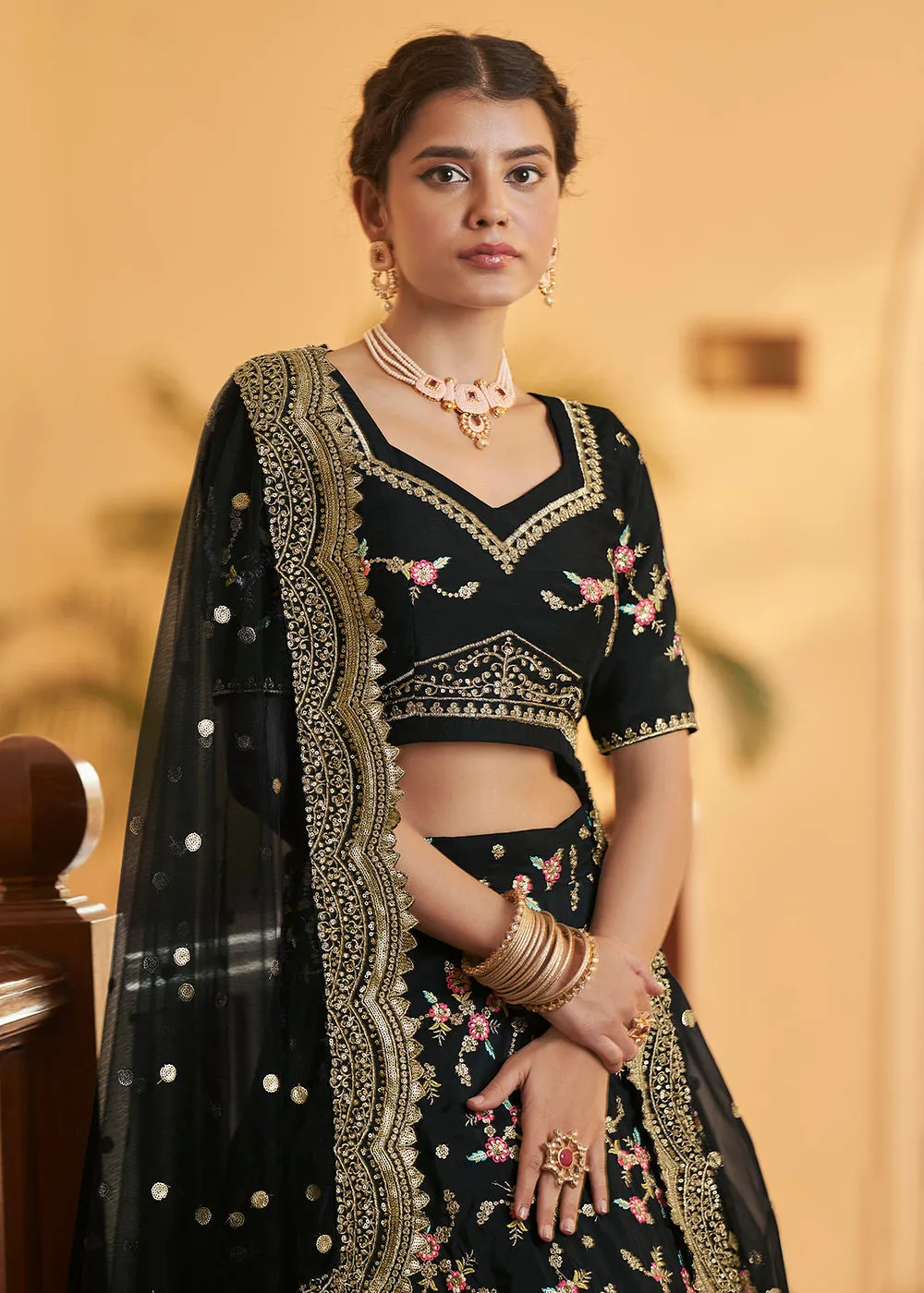 Chinon Silk Black Multi Embroidered Wedding Lehenga Choli