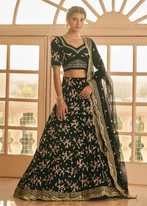 Chinon Silk Black Multi Embroidered Wedding Lehenga Choli