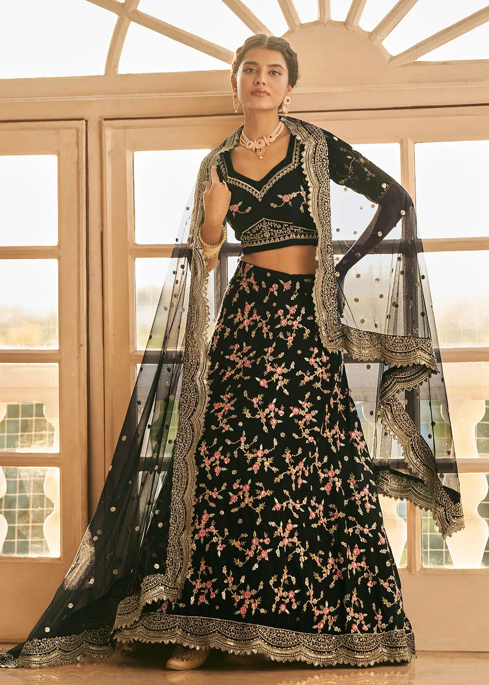 Chinon Silk Black Multi Embroidered Wedding Lehenga Choli