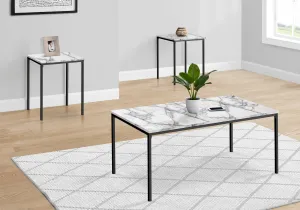 Contemporary 3pc Black Metal Coffee & End Table Set with White Marble Look Laminate