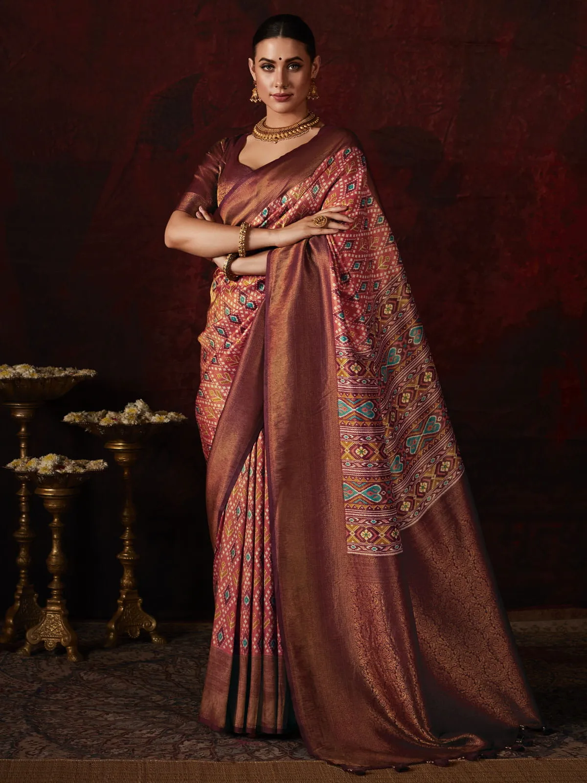 Coral Red Printed Silk Event Wear Saree With Blouse