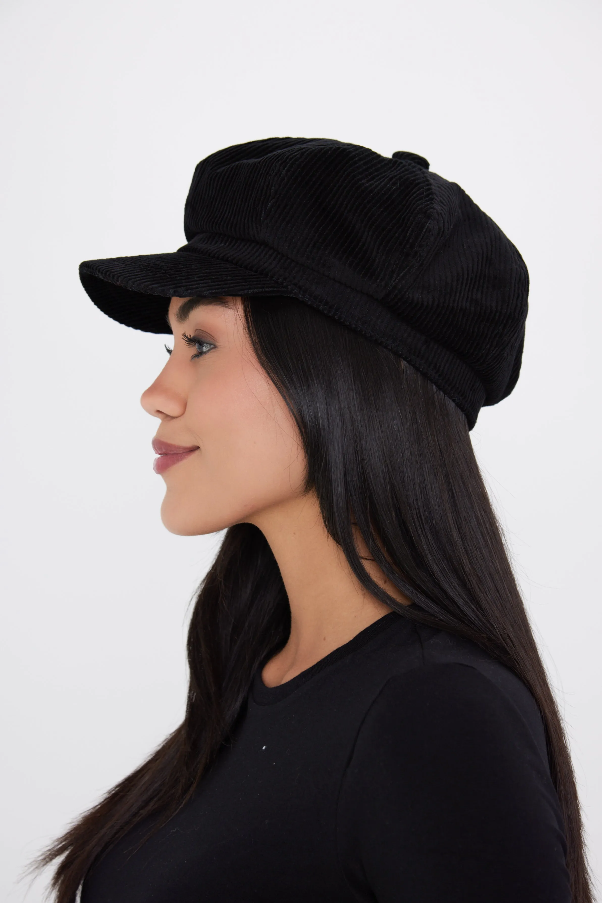 Corduroy Baker Boy Cap in Black