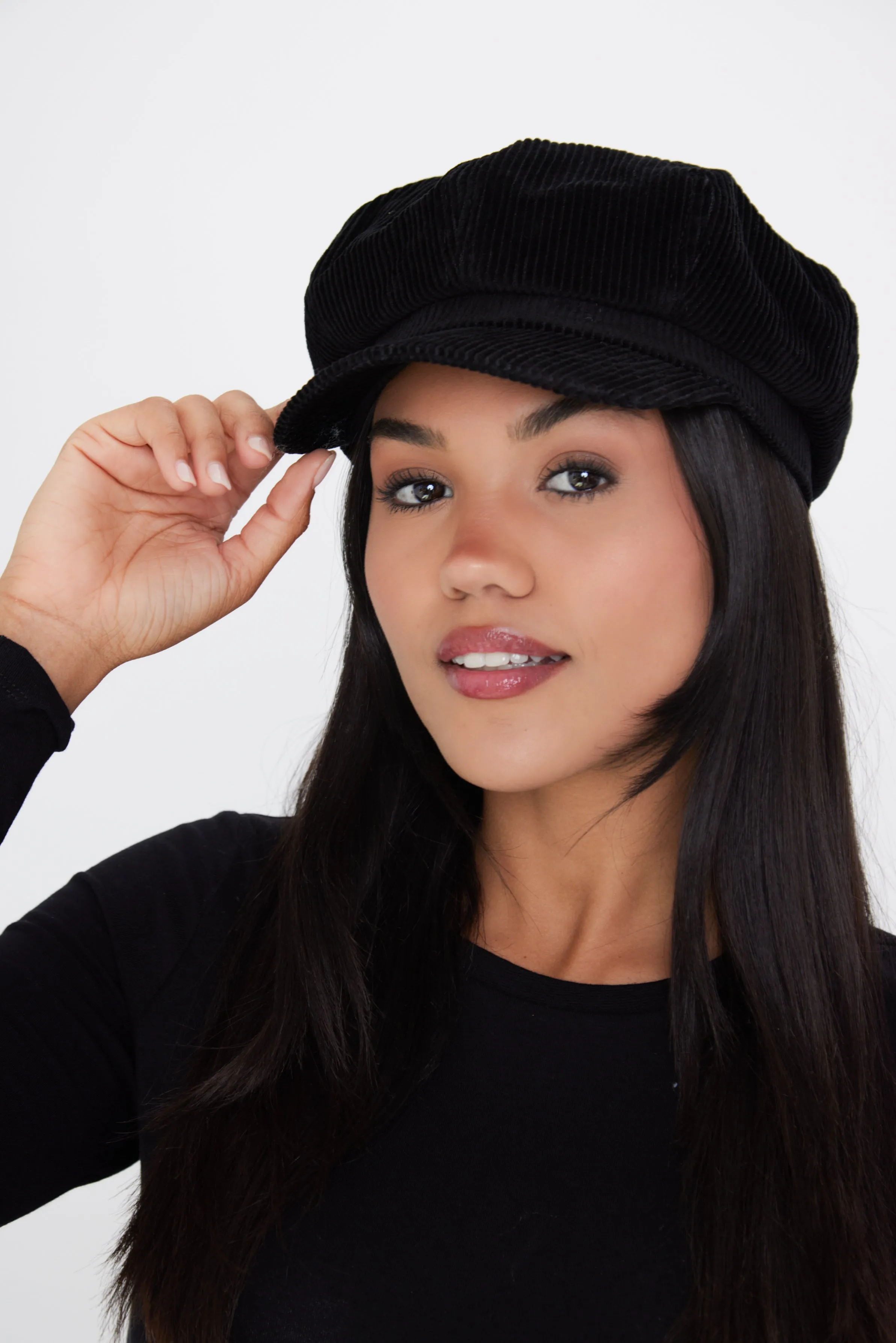 Corduroy Baker Boy Cap in Black