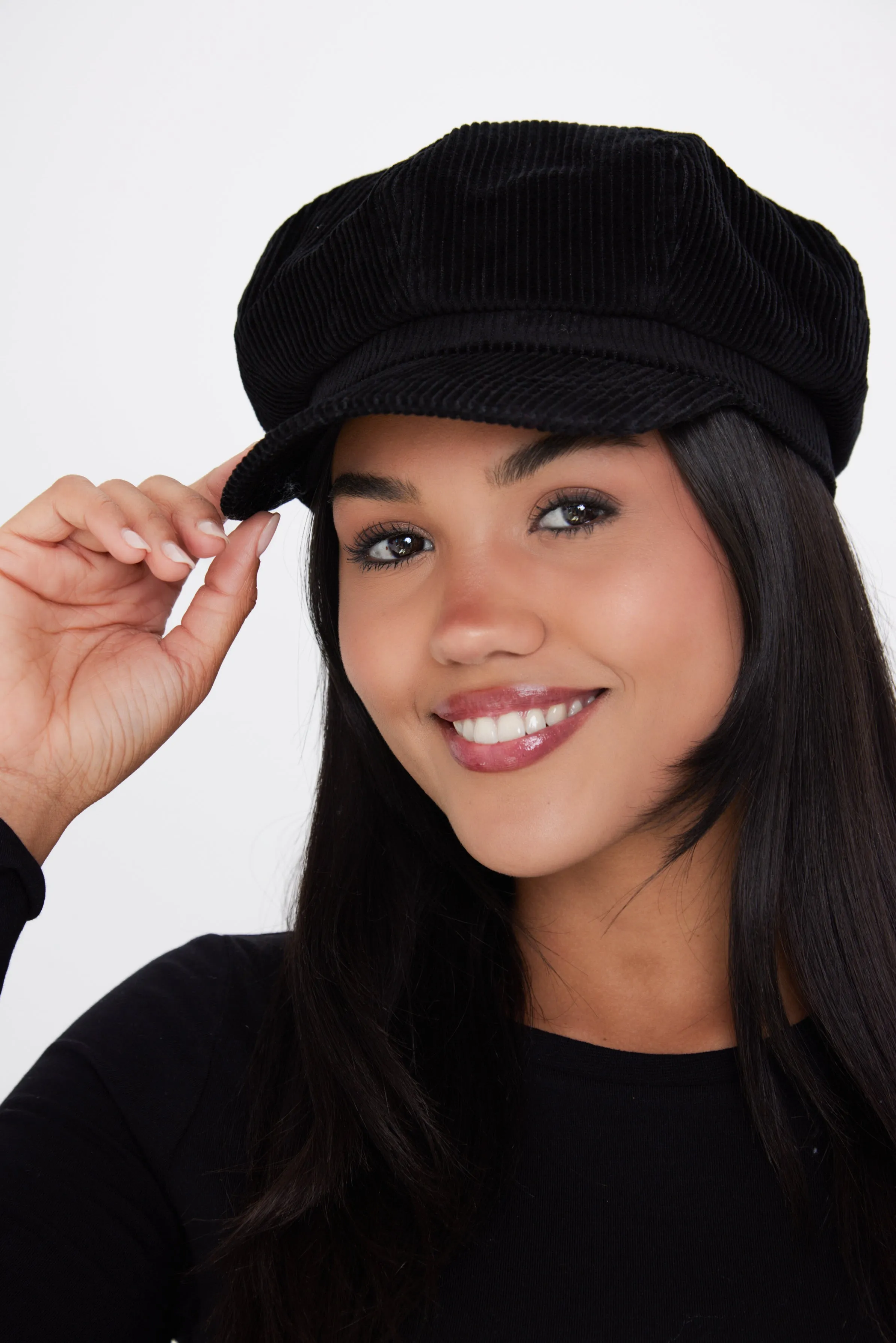 Corduroy Baker Boy Cap in Black