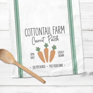 Cottontail farm cotton tea towel | green striped easter kitchen dish towel | carrot patch easter decorative spring tea towel gift