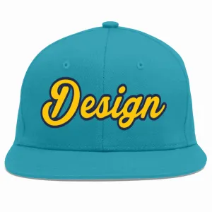 Custom Aqua Gold-Navy Flat Eaves Sport Baseball Cap Design for Men/Women/Youth