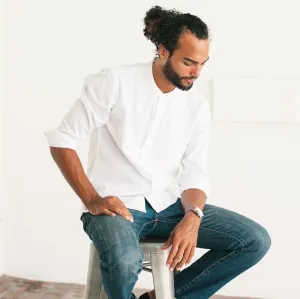 Essential Band Collar 1 Pocket Button Down Shirt - Pure White Cotton Twill