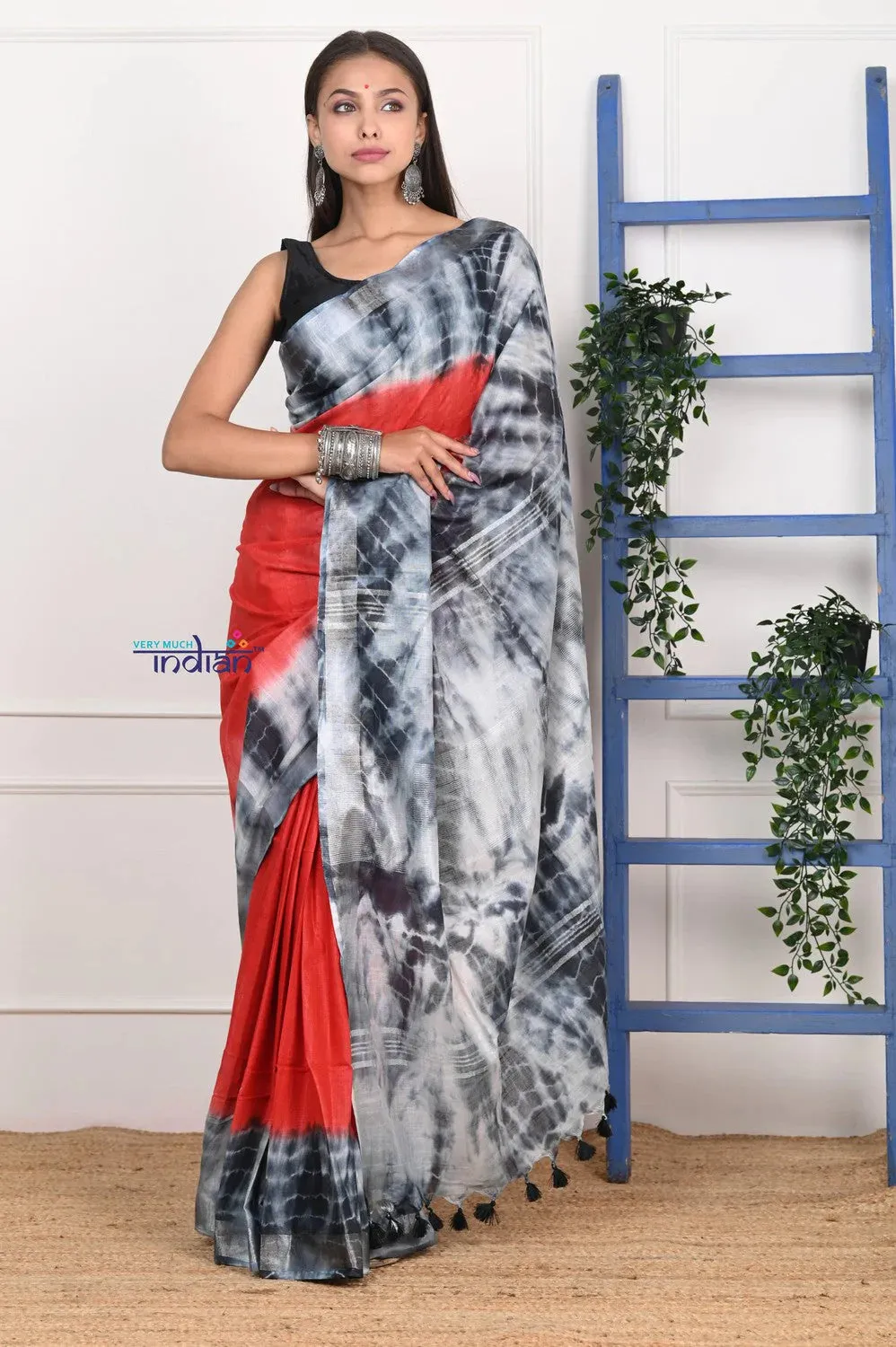 EXCLUSIVE! Handmade Tie and Dye Cotton Red- Black Saree By Women Weavers