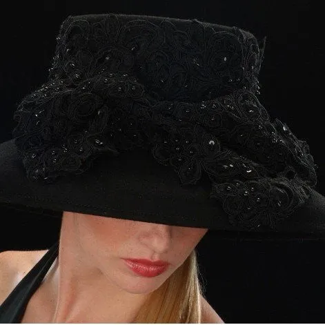 F3002- Fall winter ladies black dress hat with beaded lace fabric