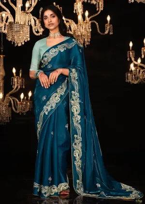 Fancy Royal Blue Embroidered Designer Wedding Wear Saree