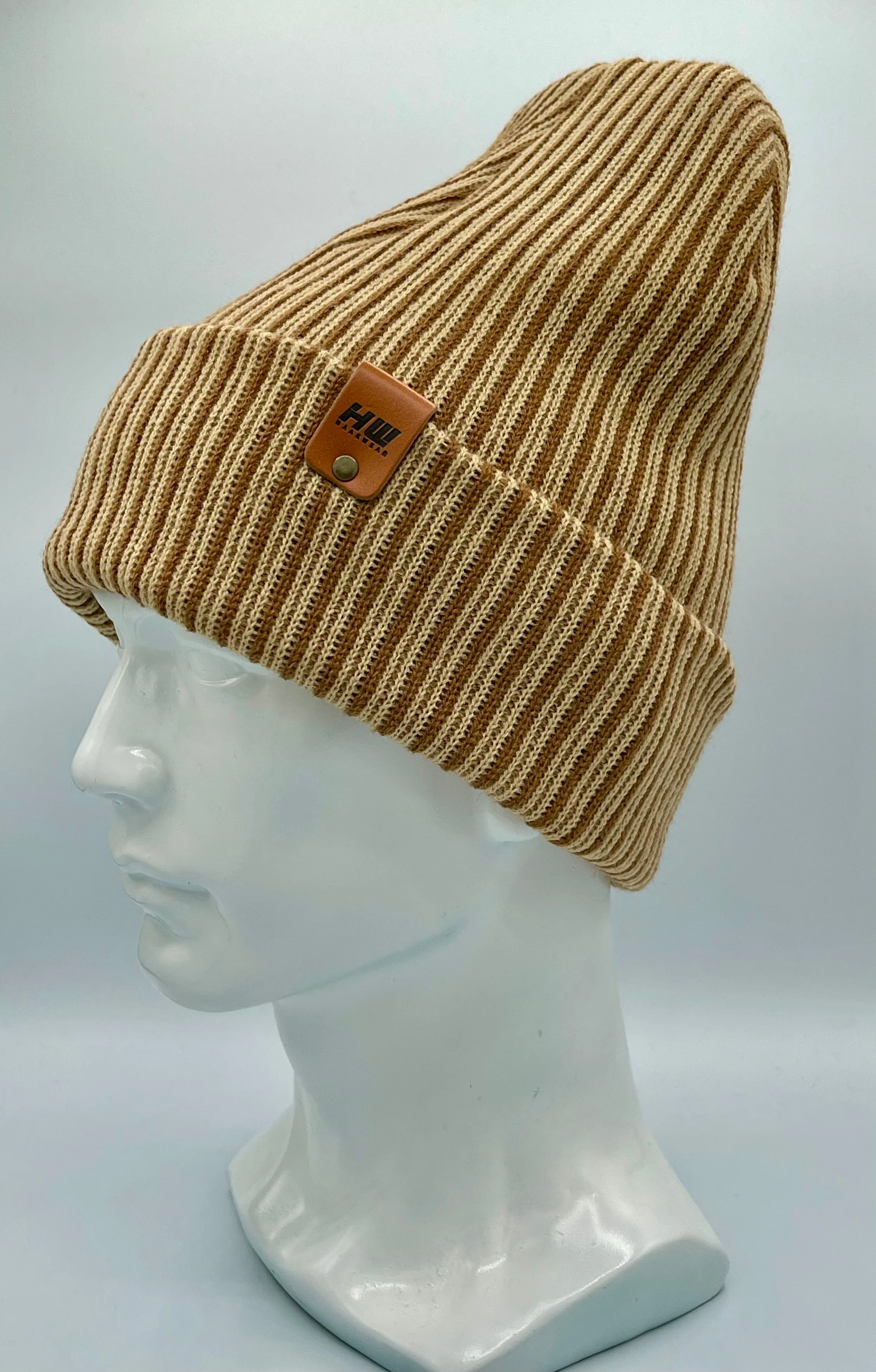 HAAKWEAR Cuffed Wide Ribbed Striped Beanie, Limited Edition, Brown/Beige, Made in USA