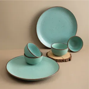 Handmade Ceramic Dinner Set for 2, set of 2 Dinner plates and 4 katoris, Set of 6, Ocean Green