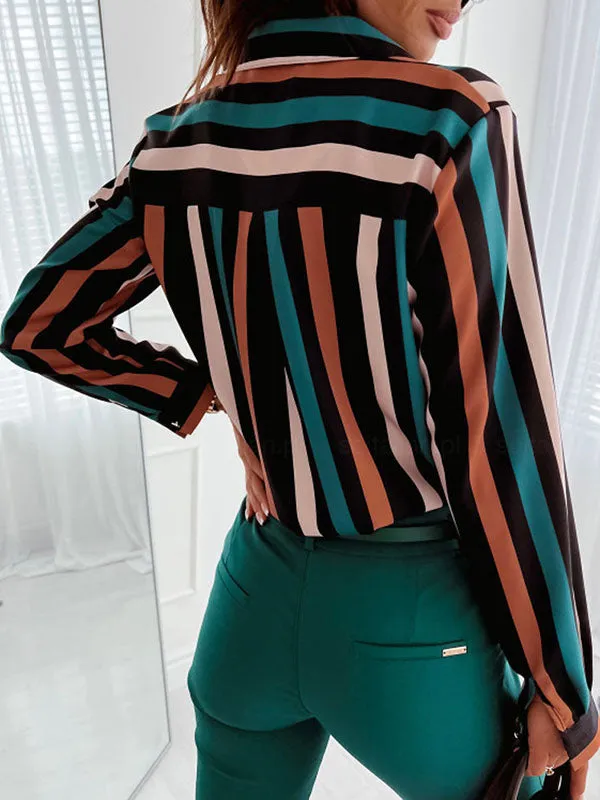 Long Sleeves Loose Printed Striped Lapel Blouses