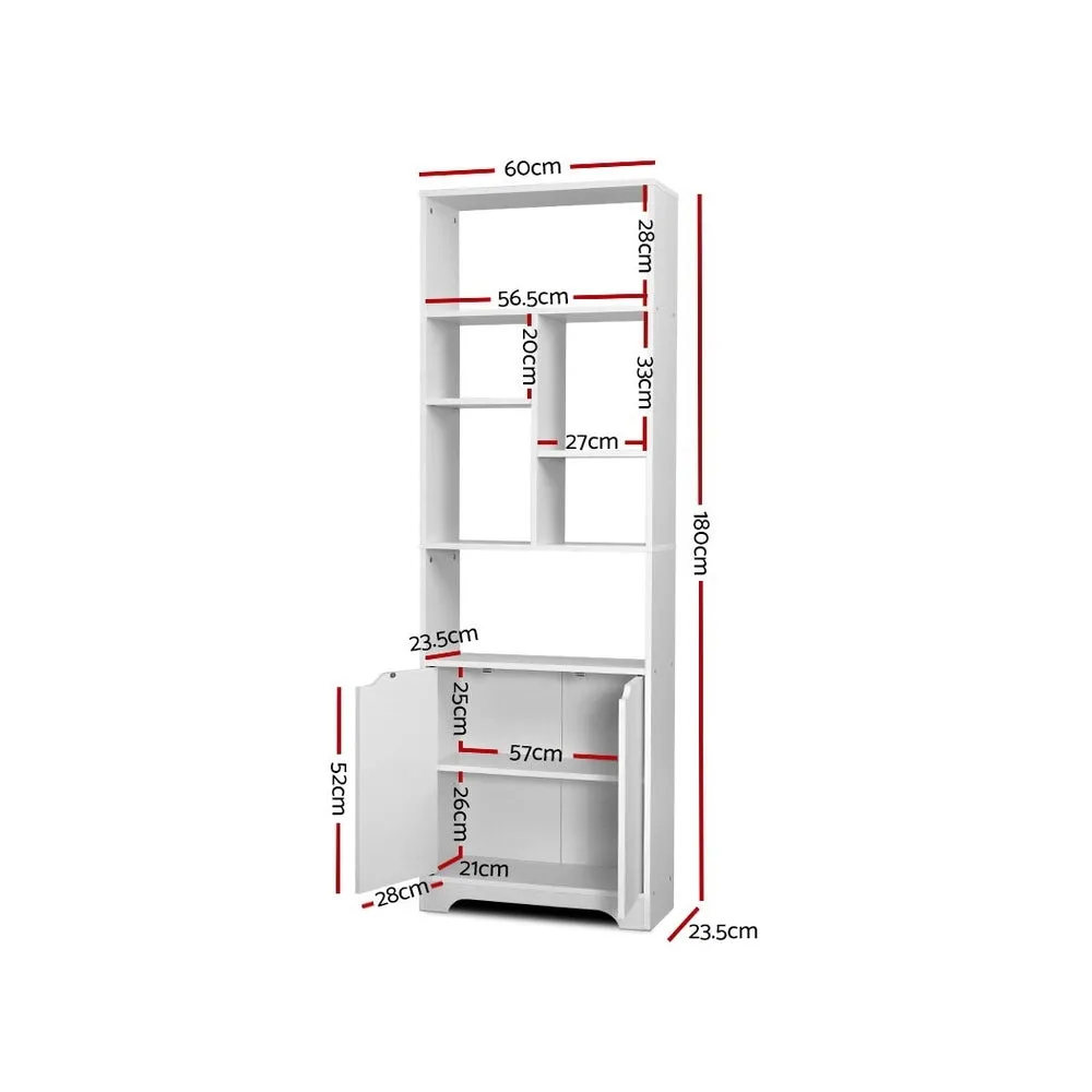 Modern 8-Shelf White Bookshelf with Cabinet - Artiss