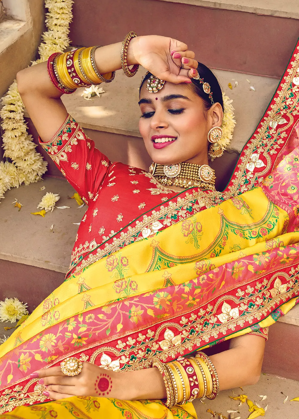 Patna Patola Pure Silk Yellow & Red Wedding Traditional Saree