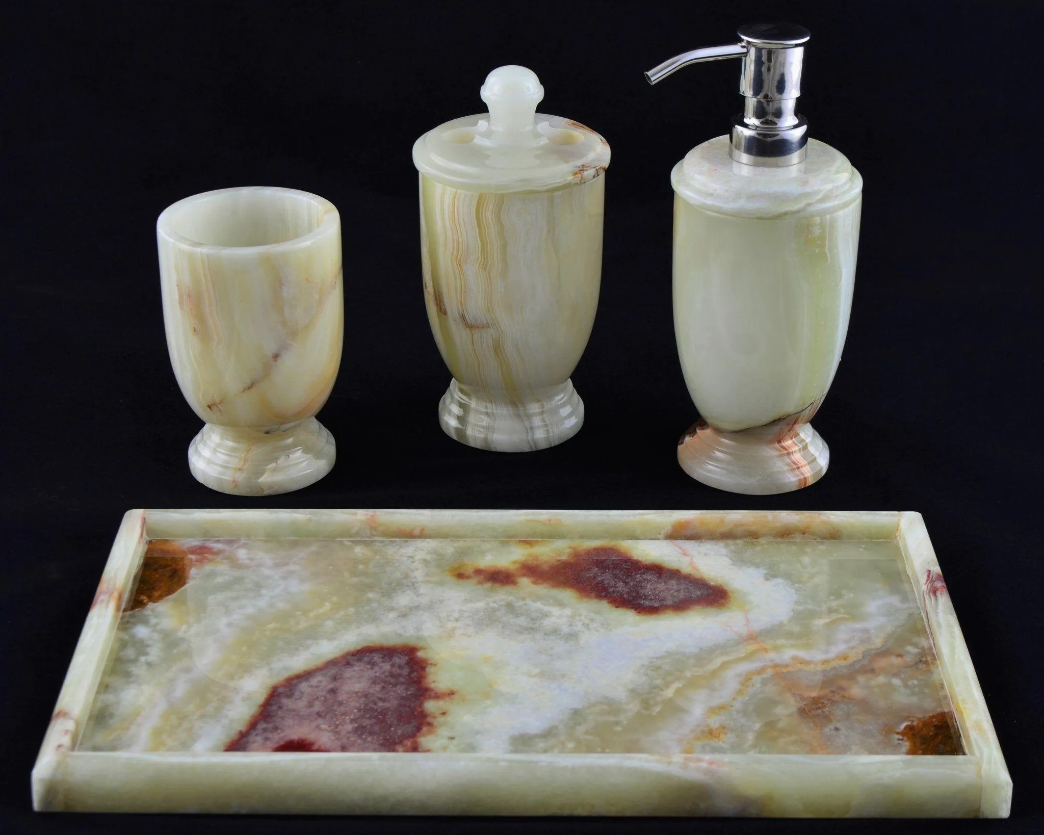 Pistachio Green Onyx 4-Piece Bath Accessory Set with Vanity Tray