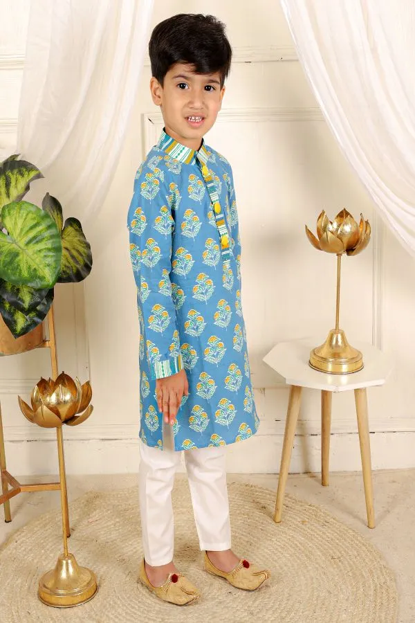 Pure Cotton Patch Pocket Detail Ink Blue Kurta And White Pyjama