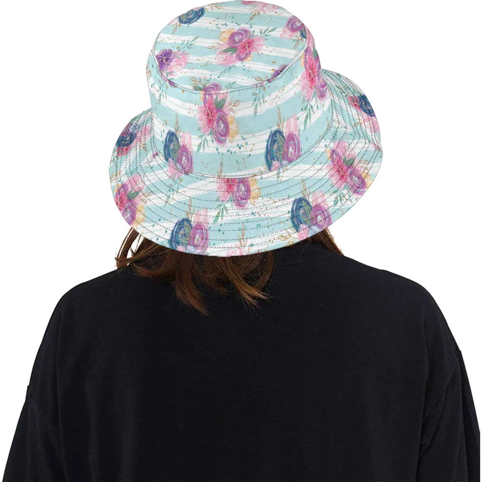 Purple and Pink floral Blue Stripes  Unisex Summer Single-Layer Bucket Hat