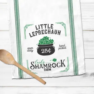 St Patrick's Day cotton tea towel | Green Stripe little leprechaun kitchen dish towel | irish st pats lucky shamrock farm decorative tea towel