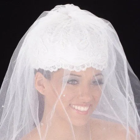 W2007-White bridal hat straw covered in lace with long veil